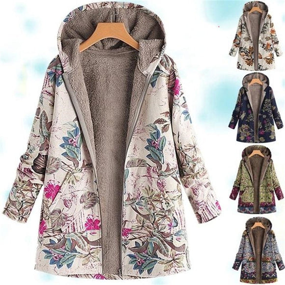New Women Winter Warm Floral Hooded Jacket