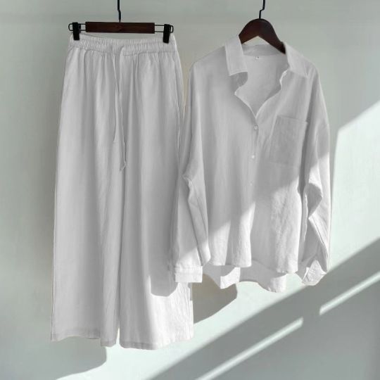 Vintage Cotton Linen Polo Neck Long Sleeve Shirt Set