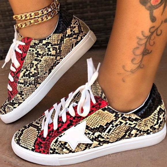 Women Star Snake Print Lace-Up Flat Shoes Sneaker