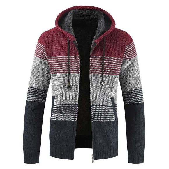 Men's Sweater Hooded Stripe Fleece Coat