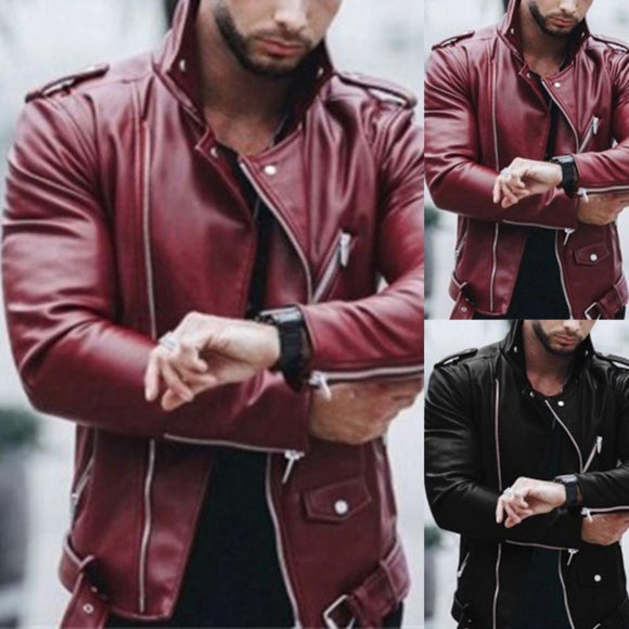 Men's Long Sleeve Lapel Collar Leather Jacket