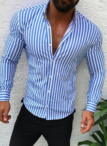 Fashion Men Stripe Long Sleeve Standard Slim Fit Formal Tops