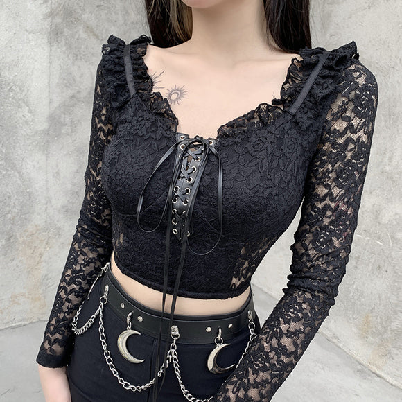 Gothic Vintage Black Lace Stitching Female Top