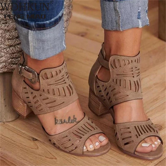 Hollow Out Sandals Mid Heel Buckle Ladies Shoes