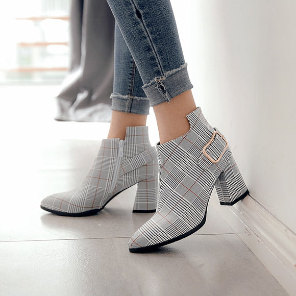 Fashion Side Zipper buckle Thick High Heels Ankle Boots