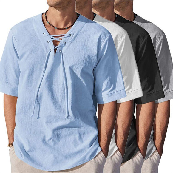 Men Cotton Linen Shirts Lace Up Short Sleeve Beach Shirts