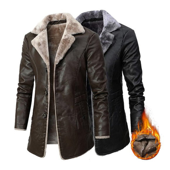 Men Long Fleece Leather Jacket