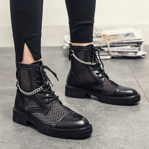 Men Motorcycle Mesh Punk Chain Ankle Boots