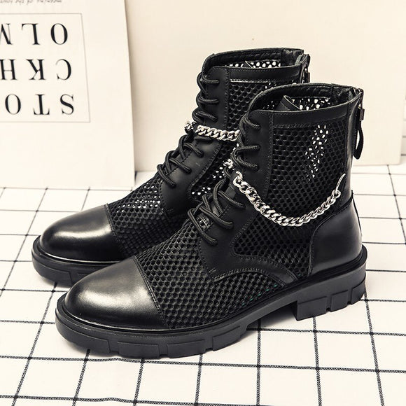 Men Motorcycle Mesh Punk Chain Ankle Boots