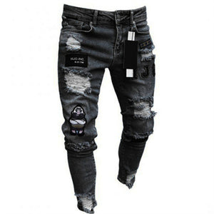 Men Stretchy Ripped Skinny Biker Embroidery Print Jeans