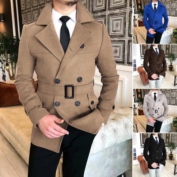 Men Woolen Jacket Warm Windproof Turndown Collar Outerwear