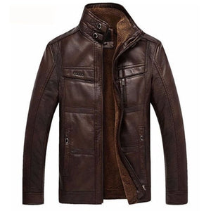 Stand-Up Collar Leather Fleece Warmth Slim Coat