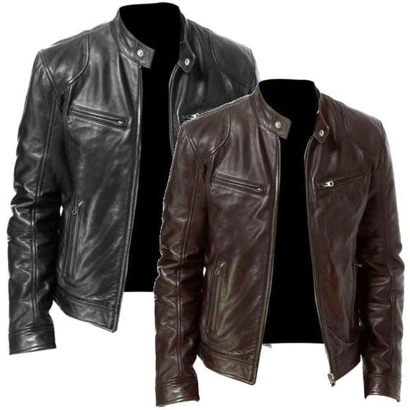 Mens Fashion Slim Fit Stand Collar Leather Jacket