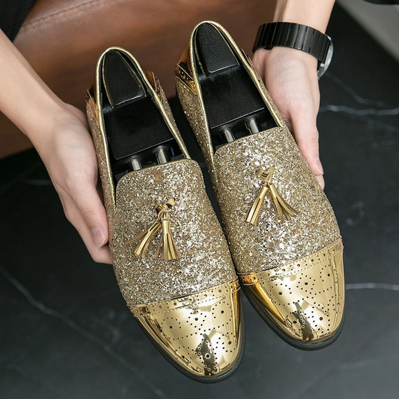 New Gold Loafers for Men Square Toe Wedding Shoes