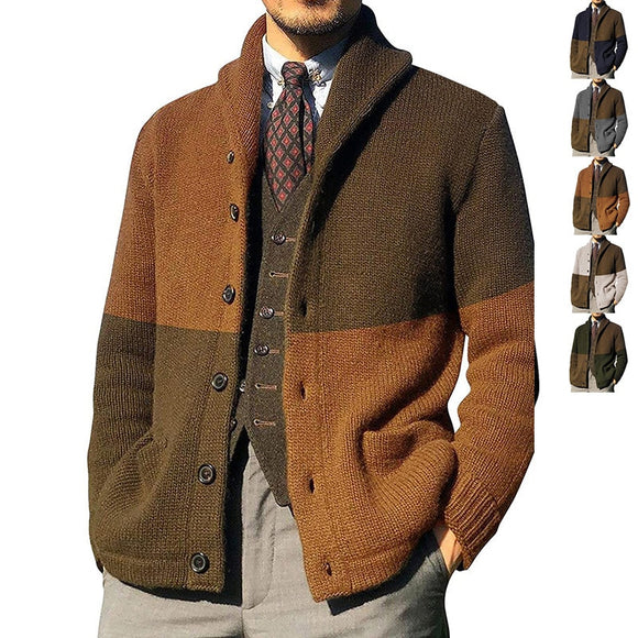 New Men Sweater Cardigan Patchwork Lapel Coat