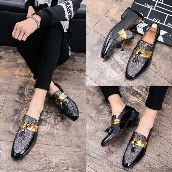 Shoes - Men Dress Shoes Black Golden Formal Patchwork Shoe