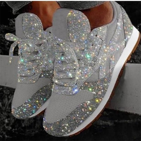Women Beathable Lace Up Bling Sneakers
