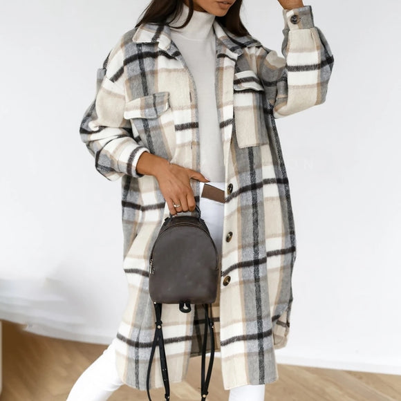 Women Checked Jacket Casual Oversized Turn Down Collar Long Coat