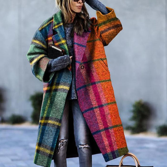 Women Fashion Plaid Print Warm Coat