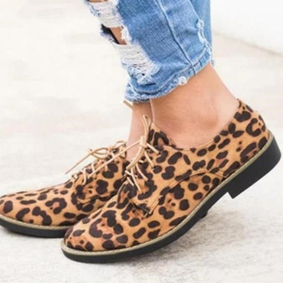 Women Flats Lace-Up Leopard Leisure Sneakers