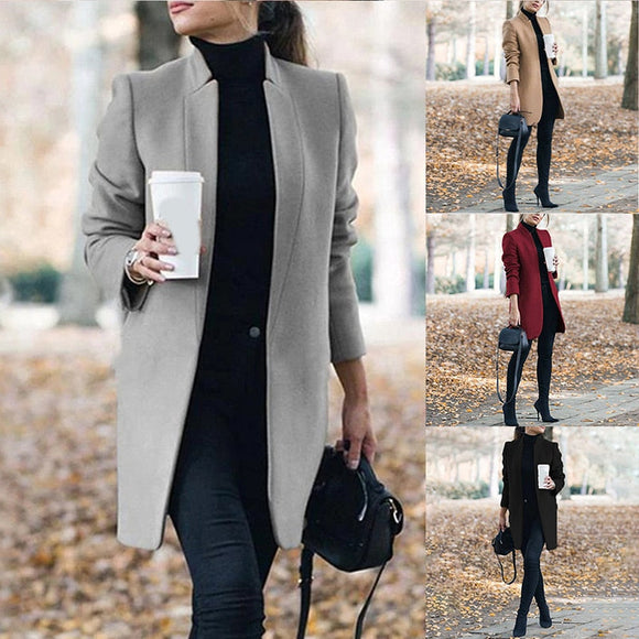 New Solid Color Stand Up Collar Ladies Woolen Coat