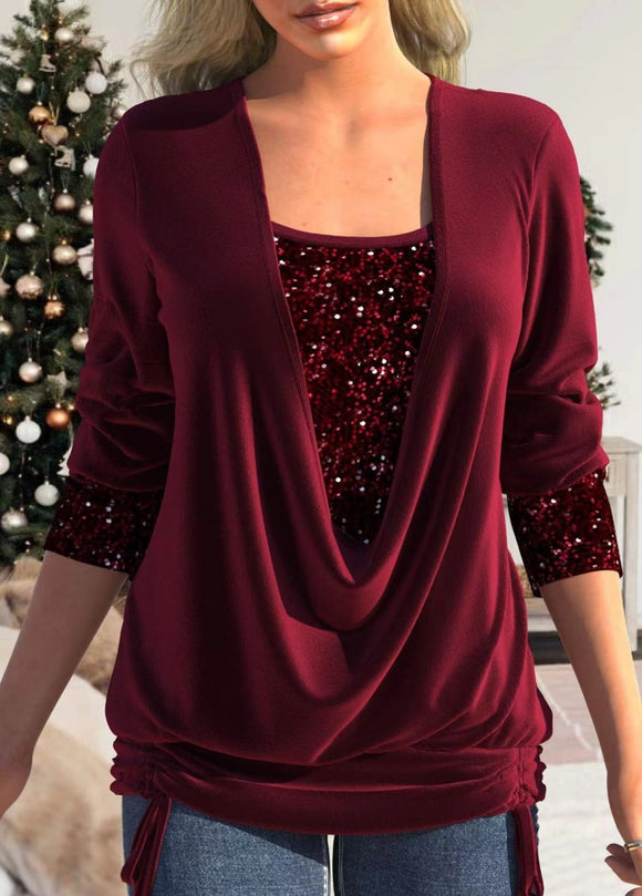 Women Sequins Two Fake Pieces Blouse