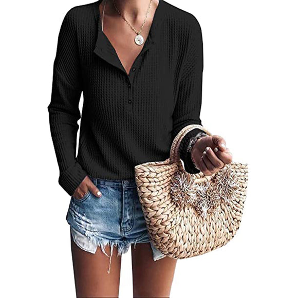 Women Waffle Knit Tunic Tops Loose Long Sleeve Button Up V Neck Henley Shirts
